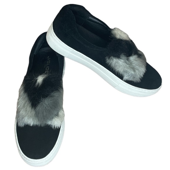 J/slides Alexi Black Suede Multicolor Faux Fur Platform Slip-On Sneakers Size 8 - Picture 1 of 8